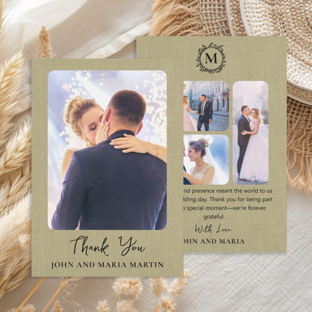 Sage Green Linen Wedding Photo Collage Thank You (Elegant sage green linen design wedding photo collage Thank You card)