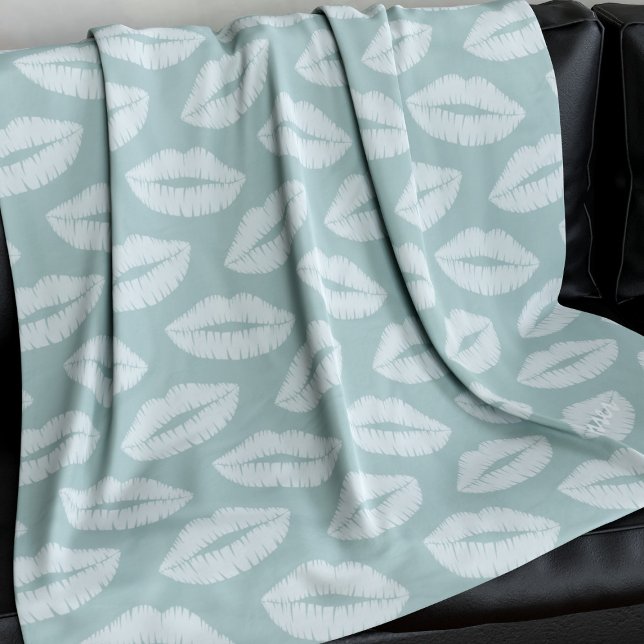 Sage Green Lipstick Kiss Pattern Fleece Blanket (A soft sage green lipstick kiss pattern blanket with space for your text)