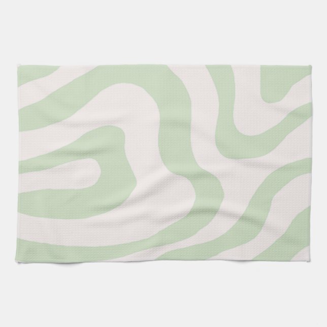 Sage Green Liquid Swirl Groovy Stripe Y2K Pattern Kitchen Towel (Horizontal)