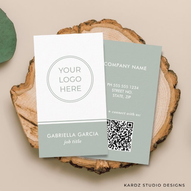 Sage Green Logo Scannable QR Code Business Card (Front and back of business card shown in 3.5 x 2 in. Choose size, paper and corner style.)