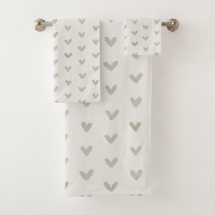 Sage Green Love Hearts Pattern on Offwhite Bath Towel Set