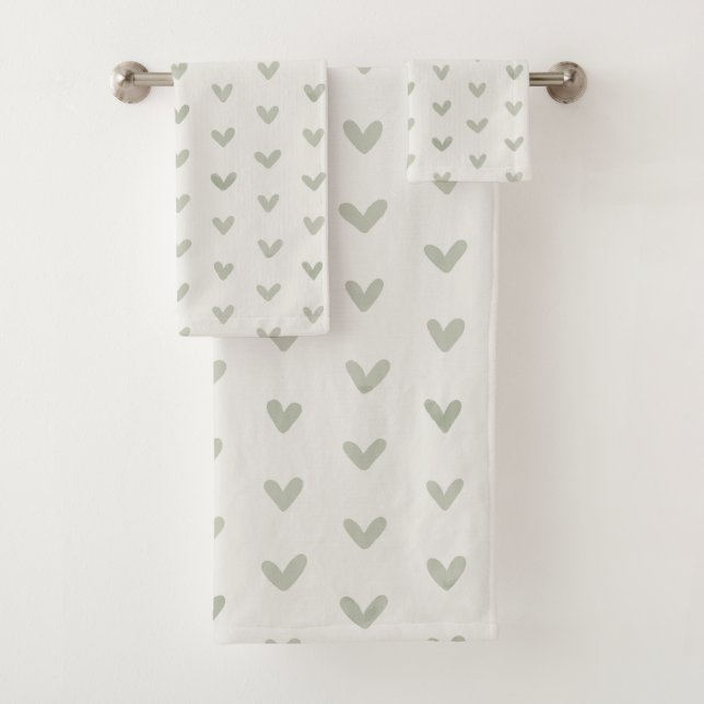 Sage Green Love Hearts Pattern on Offwhite Bath Towel Set (Insitu)