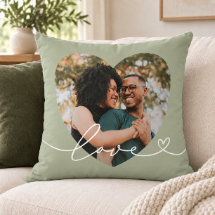 Sage Green Love Script Heart Photo Throw Pillow