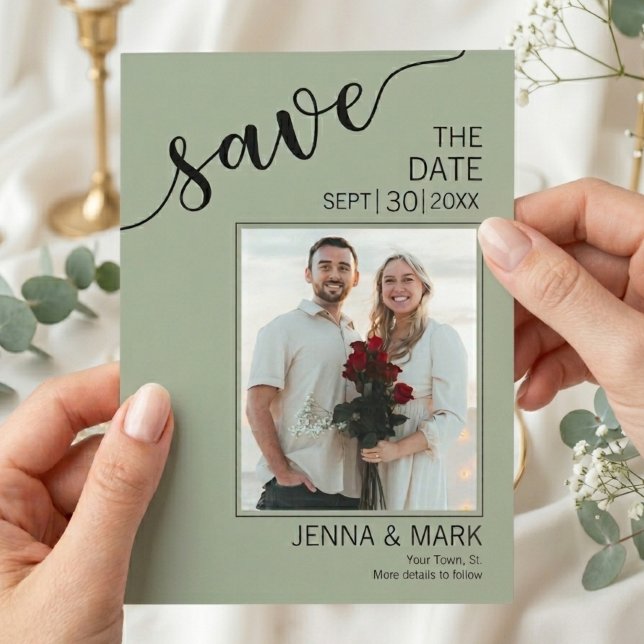 Sage Green Love Script Photo Save the Date (Creator Uploaded)