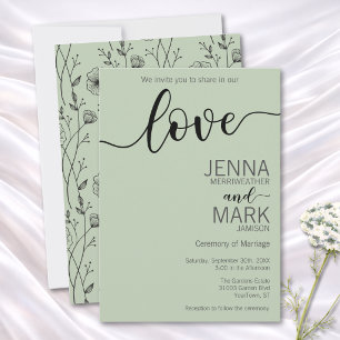 Sage Green Love Script Wildflower Wedding  Invitation