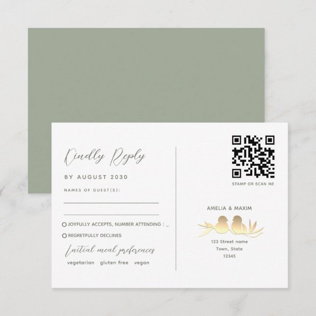 Sage Green Lovebirds Wedding QR RSVP Card (Front/Back)