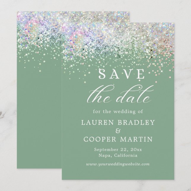 Sage Green Luxury Glitter Wedding Save The Date (Front/Back)