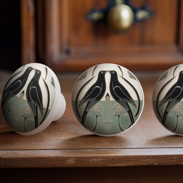 Sage Green Mackintosh Black Birds Art Deco Decor Ceramic Knob (Creator Uploaded)