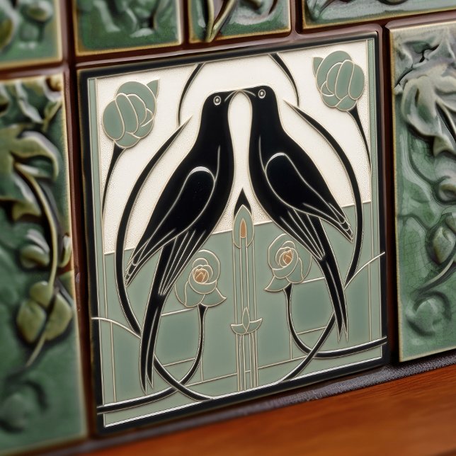 Sage Green Mackintosh Black Birds Art Deco Decor Tile (Creator Uploaded)