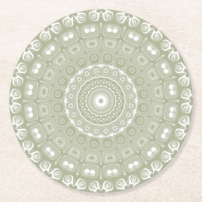 Sage Green Mandala Pattern Round Paper Coaster (Front)