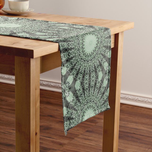 Sage Green Mandala with Leaf-Inspired Pattern Medium Table Runner (In Situ)