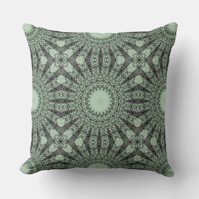 Sage Green Mandala with Leaf-Inspired Pattern Throw Pillow (Front)