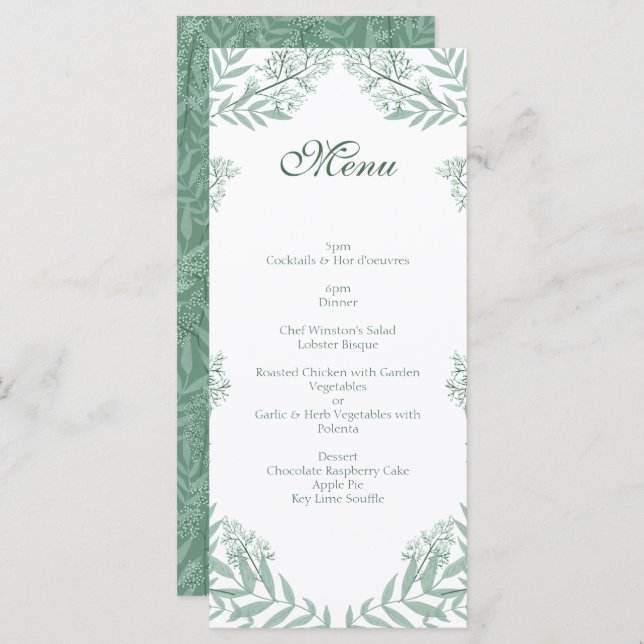 Sage Green Mariage Vintage Botanique Menu (Devant / Derrière)