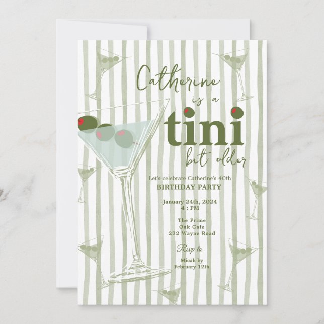 Sage Green Martini Theme Birthday Party  Invitation (Front)