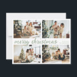 Sage Green Merry Christmas Calligraphy Four Photo Holiday Card<br><div class="desc">Sage Green Merry Christmas Calligraphy Four Photo Holiday Card with watercolor cherry and leaves pattern at the back.</div>