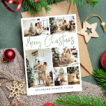 Sage Green Merry Christmas Calligraphy Photo Holiday Card<br><div class="desc">An elegant and minimalist Christmas Holiday Cards with six personalized family photos and a sage green calligraphy lettering saying "Merry Christmas".</div>