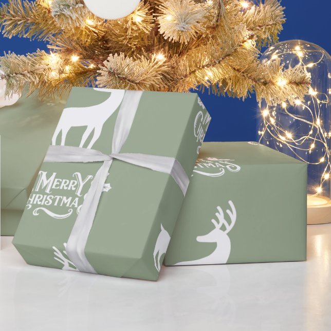 Sage Green Merry Christmas Deer  Wrapping Paper (Holidays)