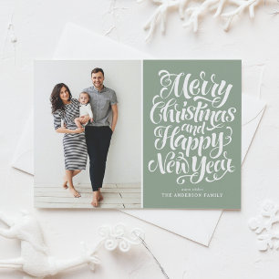 Sage Green Merry Christmas & Happy New Year Photo Holiday Postcard