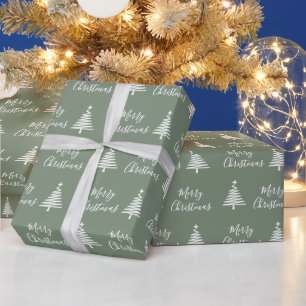 Sage Green Merry Christmas White Christmas Tree  Wrapping Paper