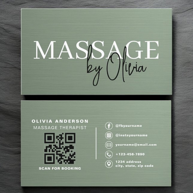 Sage Green Metallic Massage Therapist QR Code  Business Card (Creator Uploaded)