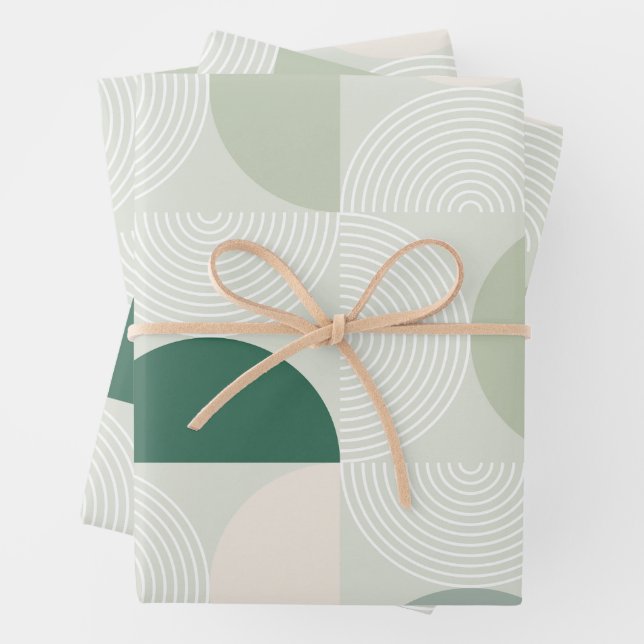 Sage Green Mid Century Contemporary Arch Line Art Wrapping Paper Sheet (In situ)