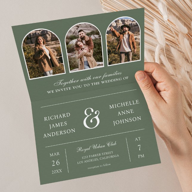 Sage Green Minimal Arch Photo QR code Wedding Invitation (Creator Uploaded)