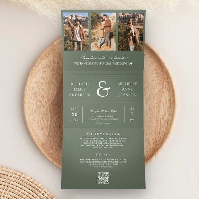Sage Green Minimal Photo Collage QR Code Wedding Tri-Fold Invitation (Creator Uploaded)