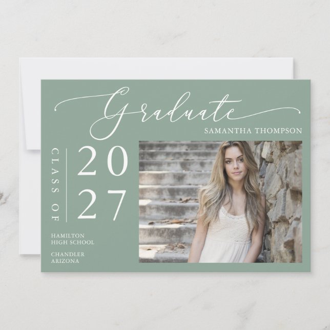 Sage Green Minimal Script School Graduation Photo Invitation (Front)