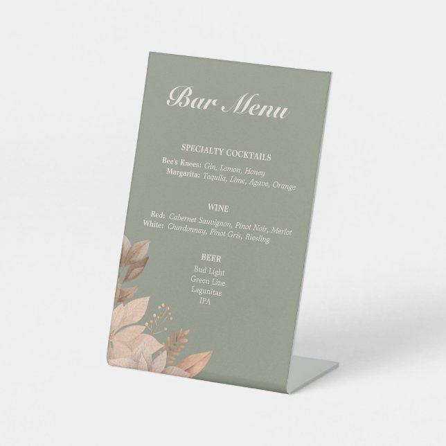 Sage Green Minimal Wedding Bar Menu Pedestal Sign (Front)