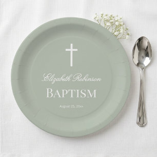 Sage Green Minimalist Baptism Paper Plates