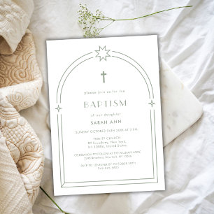 Sage Green Minimalist Boho Arch Cross Baptism  Invitation