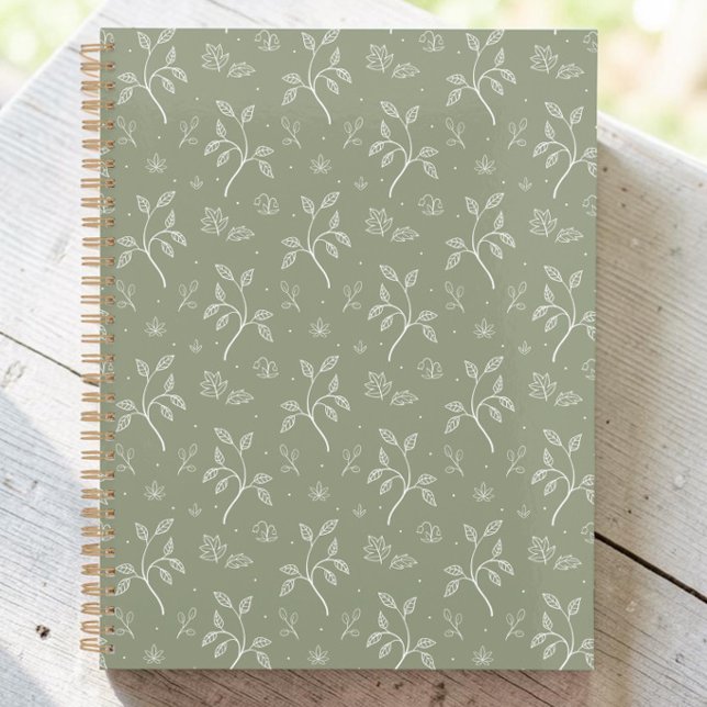Sage Green Minimalist Botanical Leaf Planner (A sage green planner notebook, decorated with white leaves and plants in a dainty feminine pattern.)