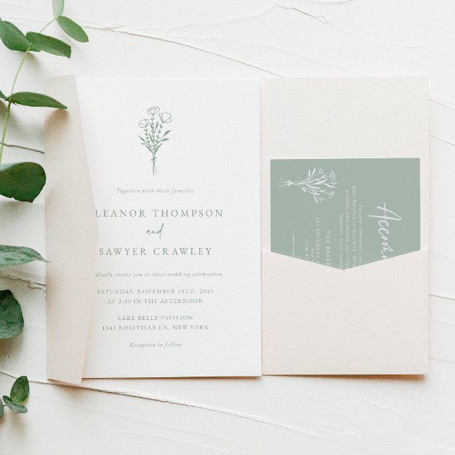 Sage Green Minimalist Botanicals Wedding Invitation (Creator Uploaded)