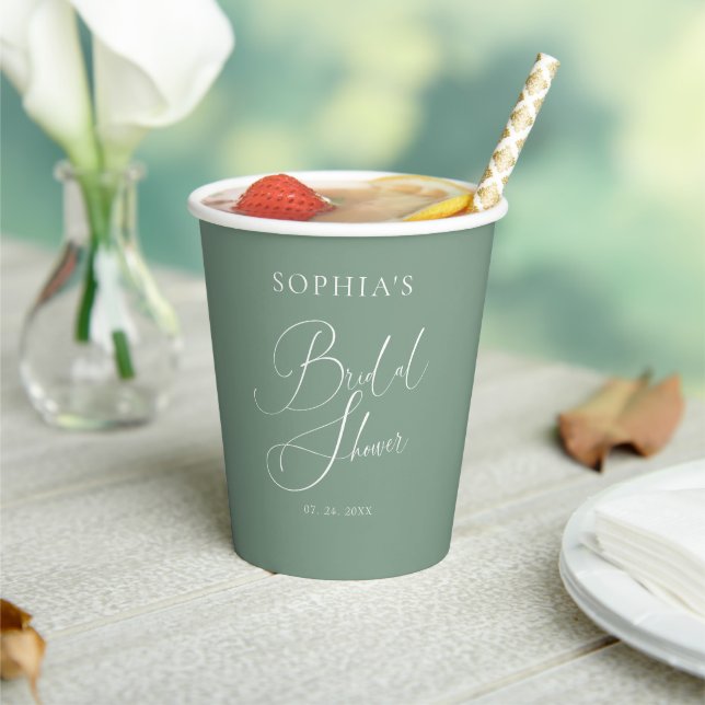 Sage Green Minimalist Calligraphy Bridal Shower Paper Cups (Insitu)