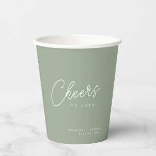 Sage Green Minimalist Cheers to Love Wedding Paper Cups