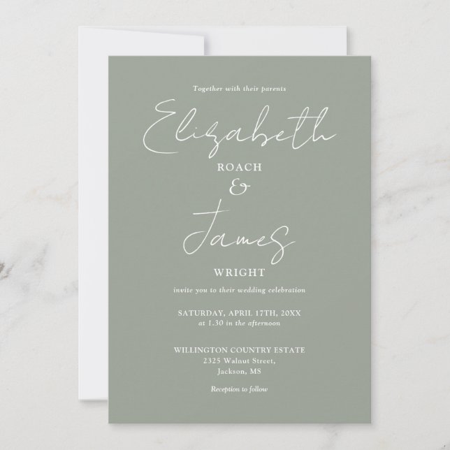 Sage Green Minimalist Elegant Script Wedding Invitation (Front)