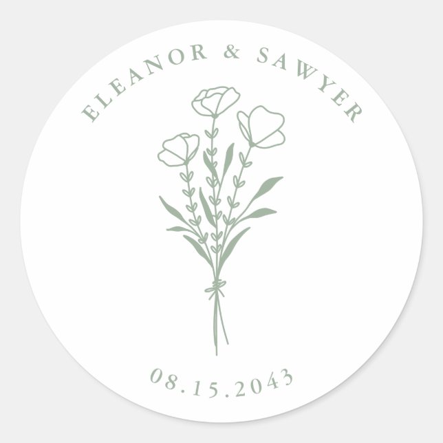 Sage Green Minimalist Floral Bouquet Wedding Classic Round Sticker (Front)