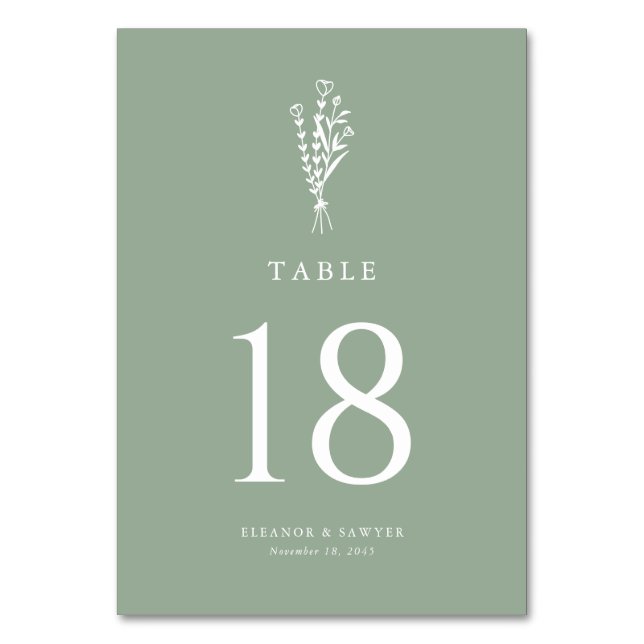 Sage Green Minimalist Floral Bouquet Wedding Table Number (Front)