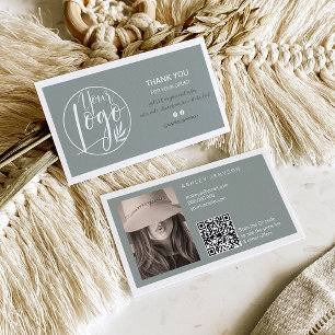 Sage green minimalist logo Qr order thank you Business Card