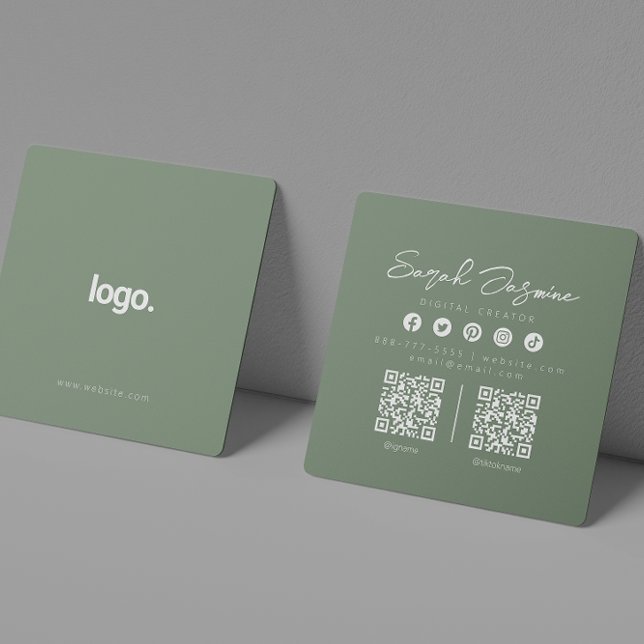 Sage Green Minimalist Modern Influencer Scannable Square Business Card (Creator Uploaded)