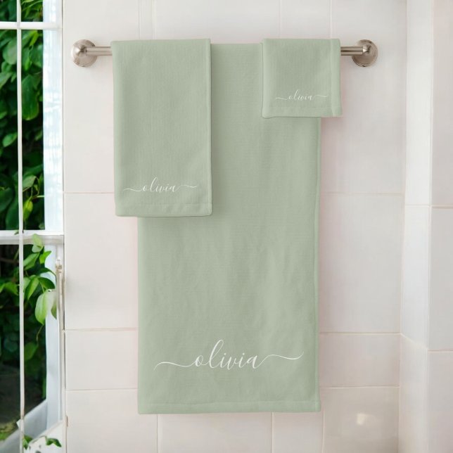 Sage Green Minimalist Modern Monogram Elegant Bath Towel Set (Creator Uploaded)