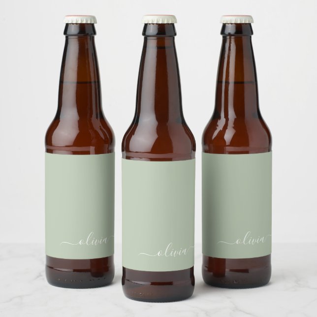 Sage Green Minimalist Modern Monogram Elegant Beer Bottle Label (Bottles)