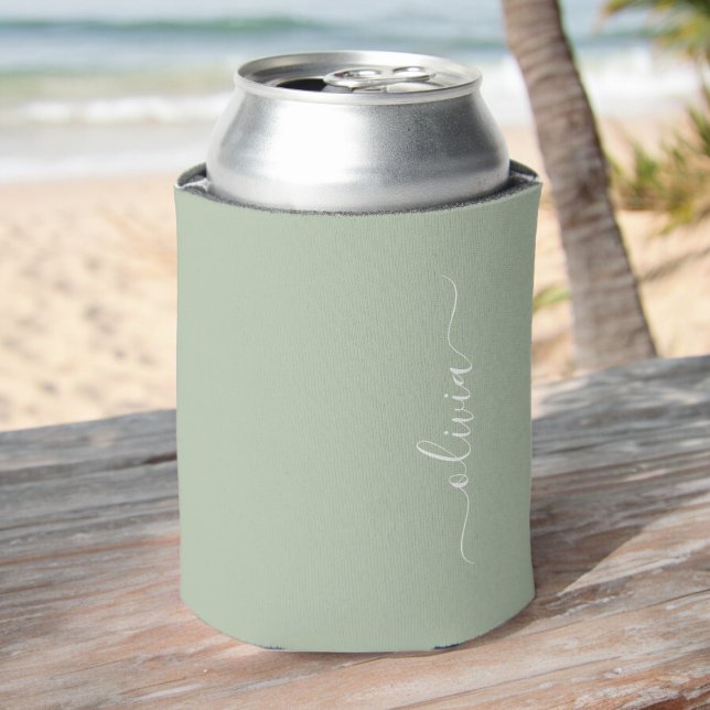 Sage Green Minimalist Modern Monogram Elegant Can Cooler (Creator Uploaded)