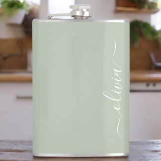 Sage Green Minimalist Modern Monogram Elegant Hip Flask