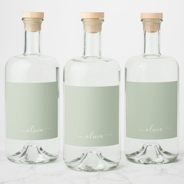 Sage Green Minimalist Modern Monogram Elegant Liquor Bottle Label (Bottles)