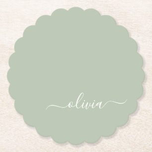 Sage Green Minimalist Modern Monogram Elegant Paper Coaster