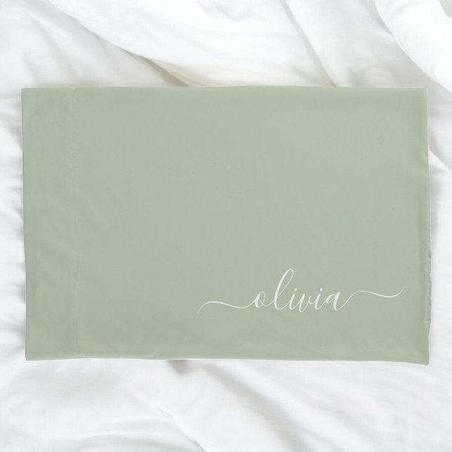 Sage Green Minimalist Modern Monogram Elegant  Pillowcase (Creator Uploaded)