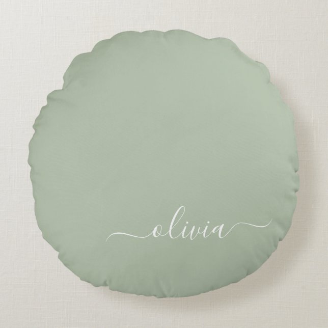 Sage Green Minimalist Modern Monogram Elegant  Round Pillow (Front)