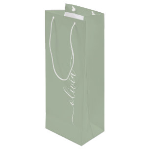 Sage Green Minimalist Modern Monogram Elegant Wine Gift Bag