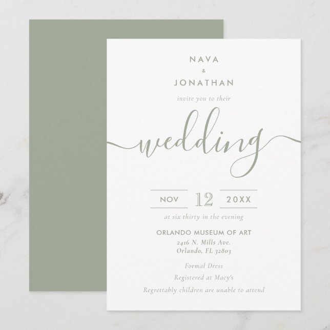 Sage Green Minimalist Modern Script Wedding Invitation (Front/Back)